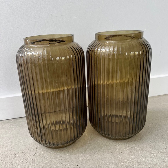 LOT OF 2 | HEARTH & HAND with MAGNOLIA • 12 Ribbed Glass Jug Vases Olive Green