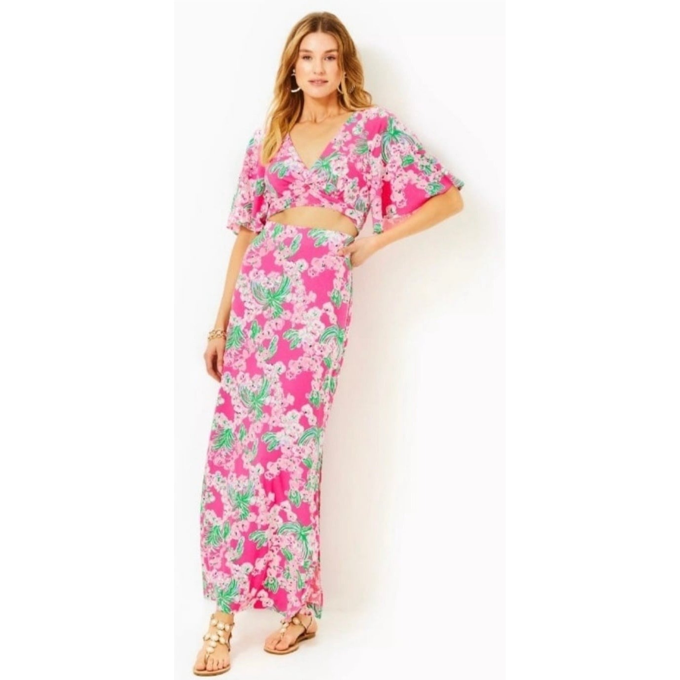 Lilly Pulitzer Maxi 2 piece skirt Floral Twist Front top Hot Pink Size XL
