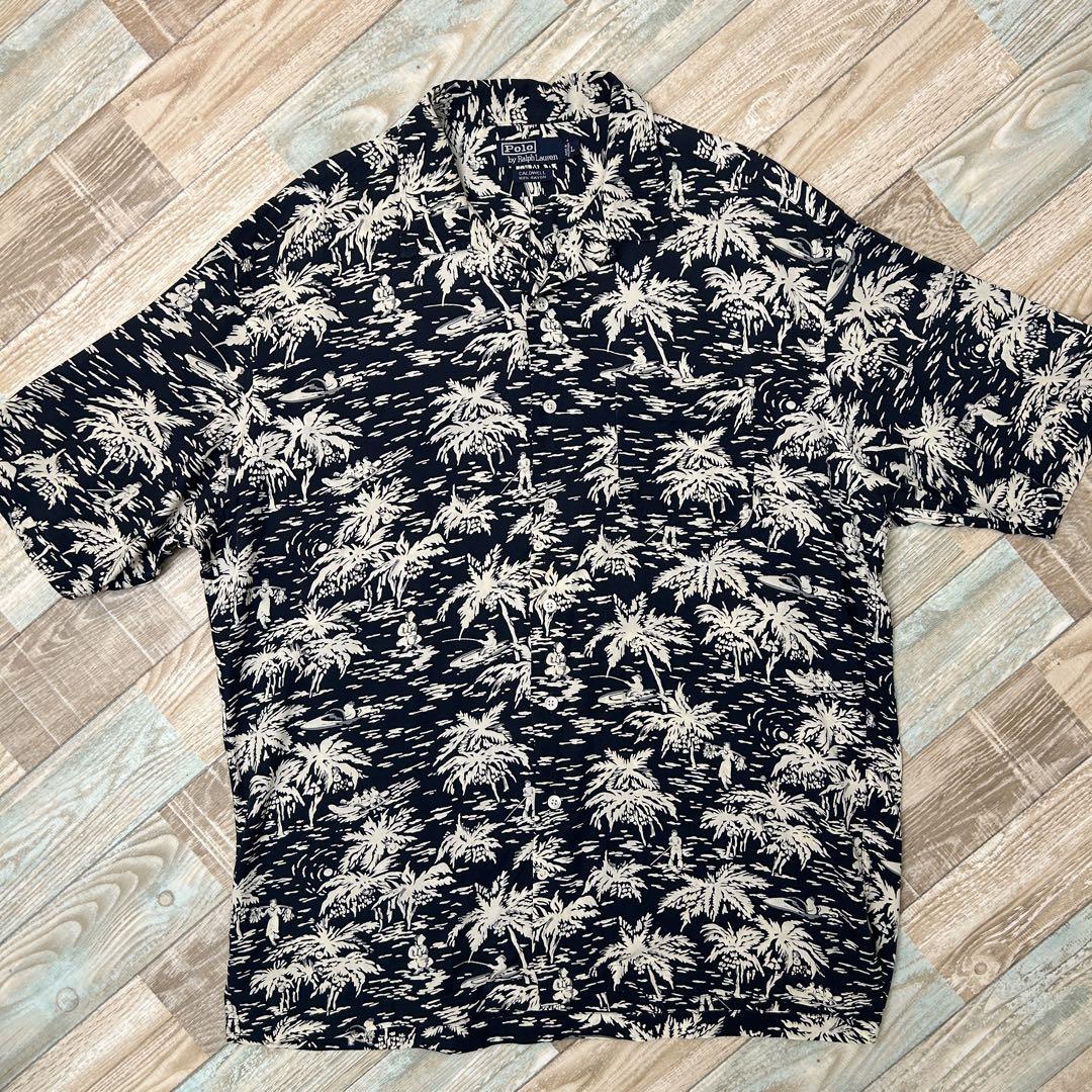 90s Ralph Lauren Caldwell Open Collar Palm Tree Black Rayon L