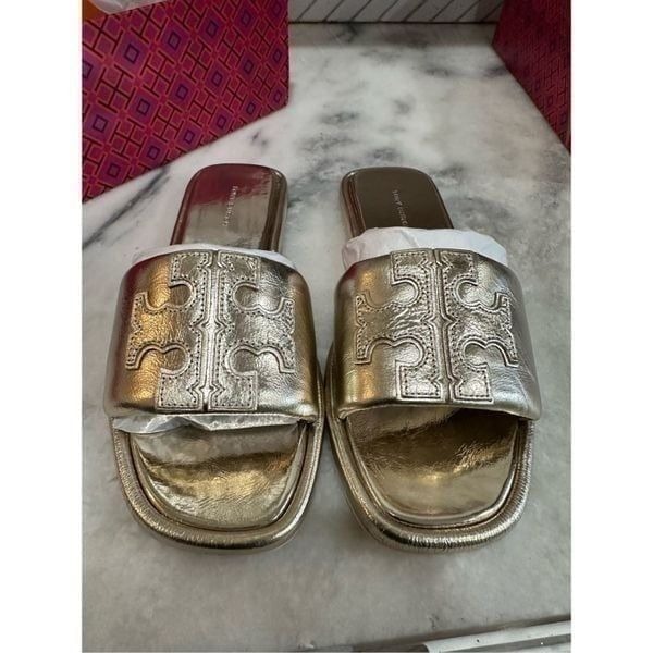 Tory Burch Double T Sport Metallic Slide Sandals size 7