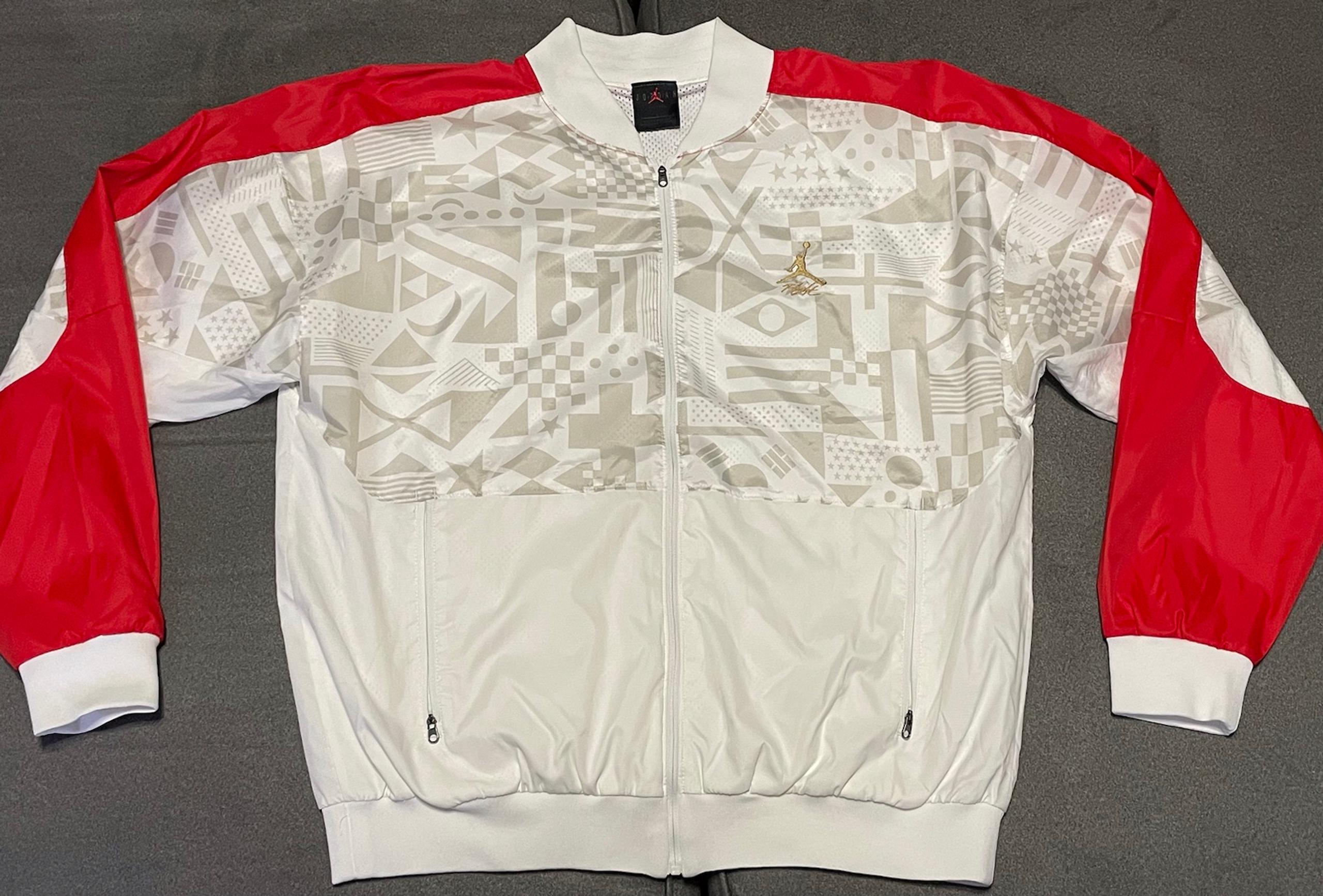 Nike Air Jordan Flight Legacy Fiba Jacket White Red Gold CJ9082-657 Men Sz Large