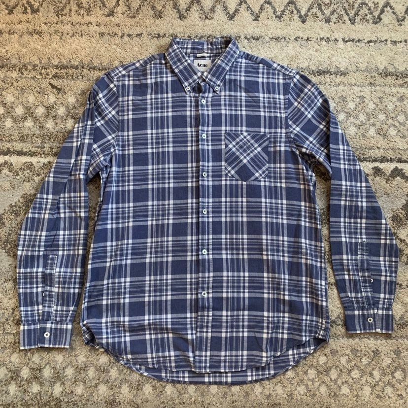 Acne Blue Straight Checked Plaid Flannel Button Up XL