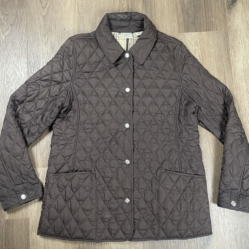 LL BEAN Quilted Coat Womens Size M Brown Snap Up Coat Insulated