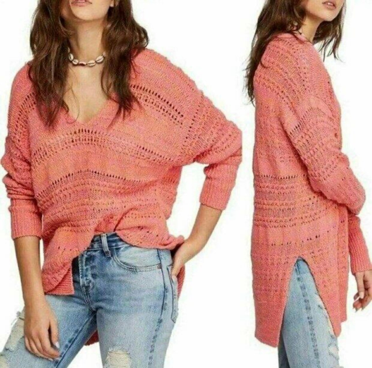 Free People Womens Hot Tropics V Neck Sweater Pullover Long Sleeve M