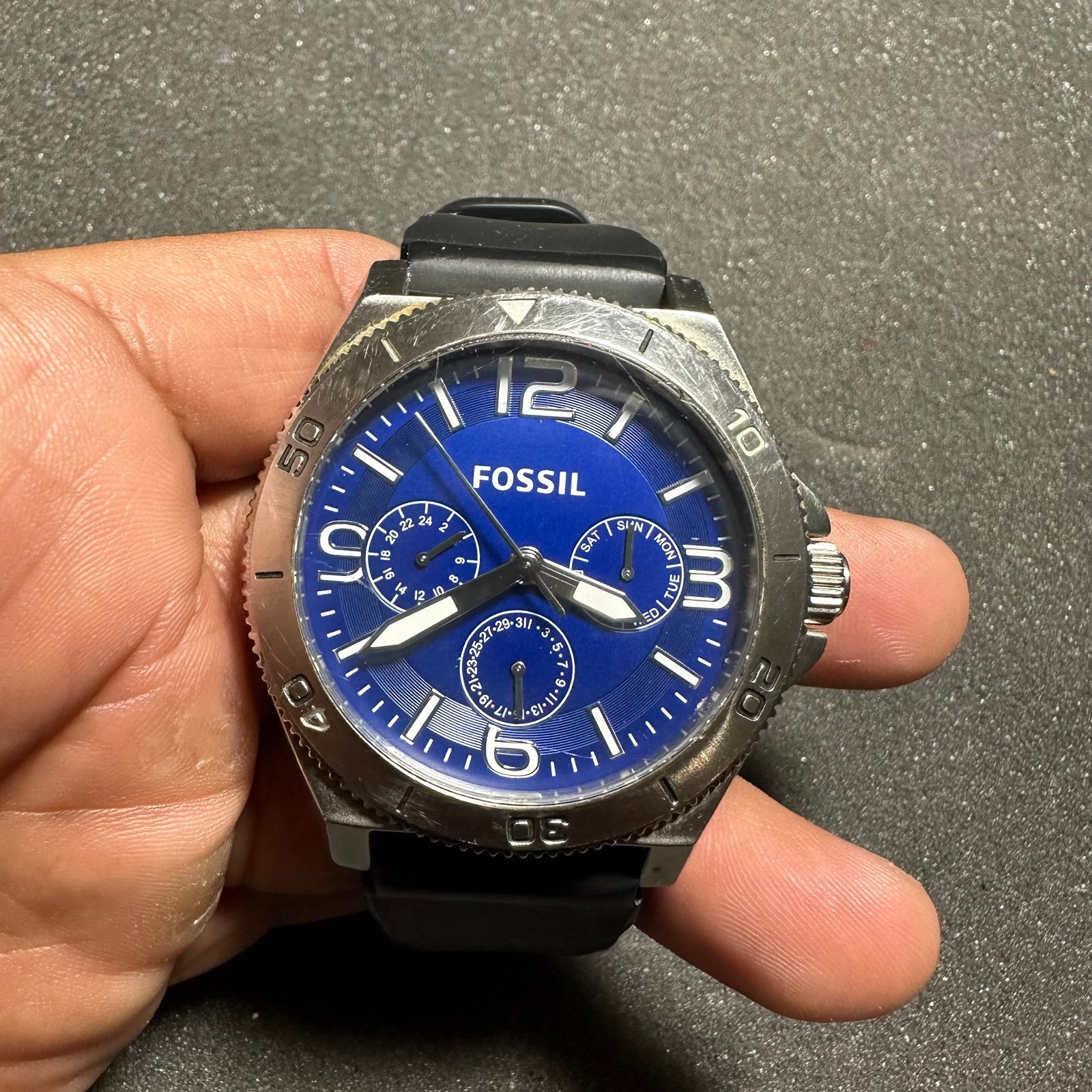 Fossil Mens Murray Analog Quartz Watch Silver Tone Blue Dial Rubber Strap Workin