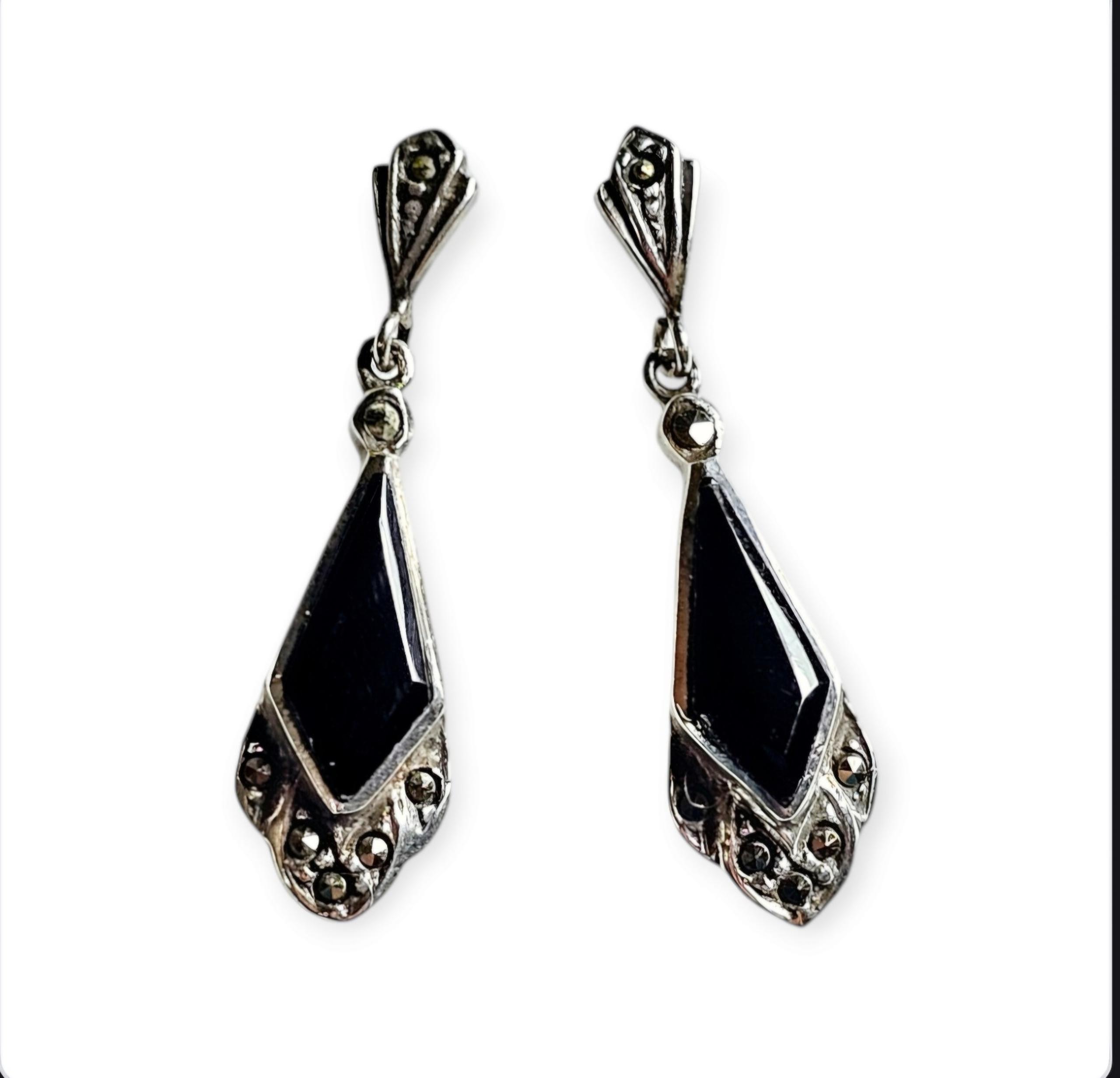 Vintage 925 Sterling Silver Black Onyx Marcasite Stone Dangle Earrings 4g