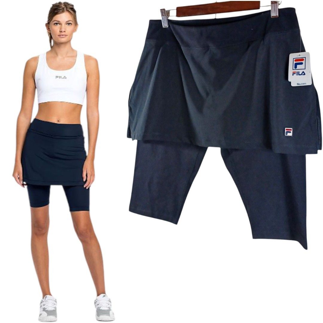 New FILA Women Black Sz L Tennis Skirt Knee Length Leggings Lined Skort Active