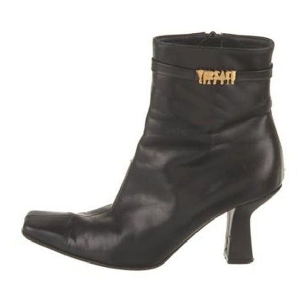 Versace Classic Authentic Black Gold Genuine Leather High Heel Bootie Boots 5