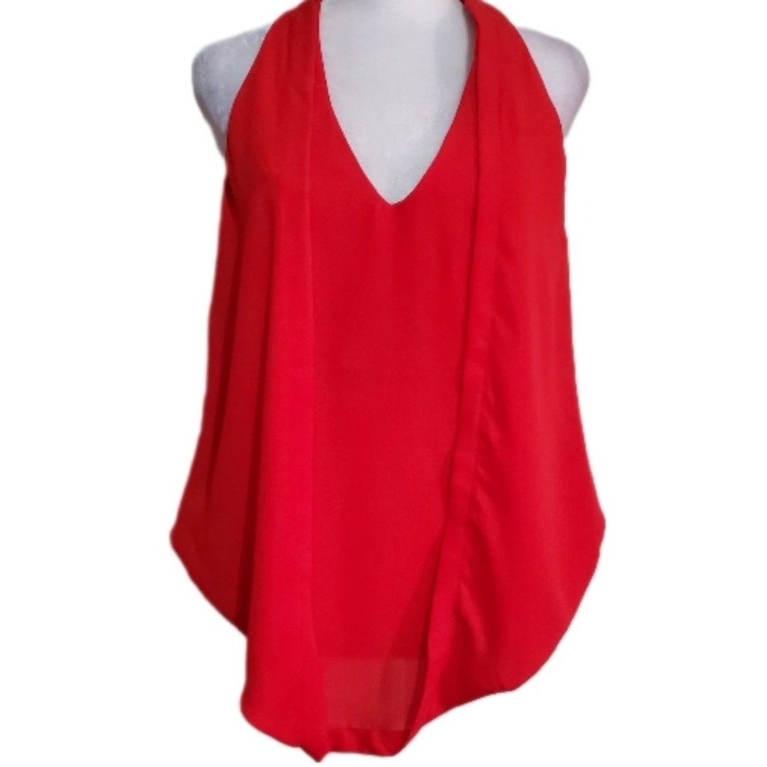 Asos red chiffon overlay asymmetrical exposed back zip halter top 10 NWT