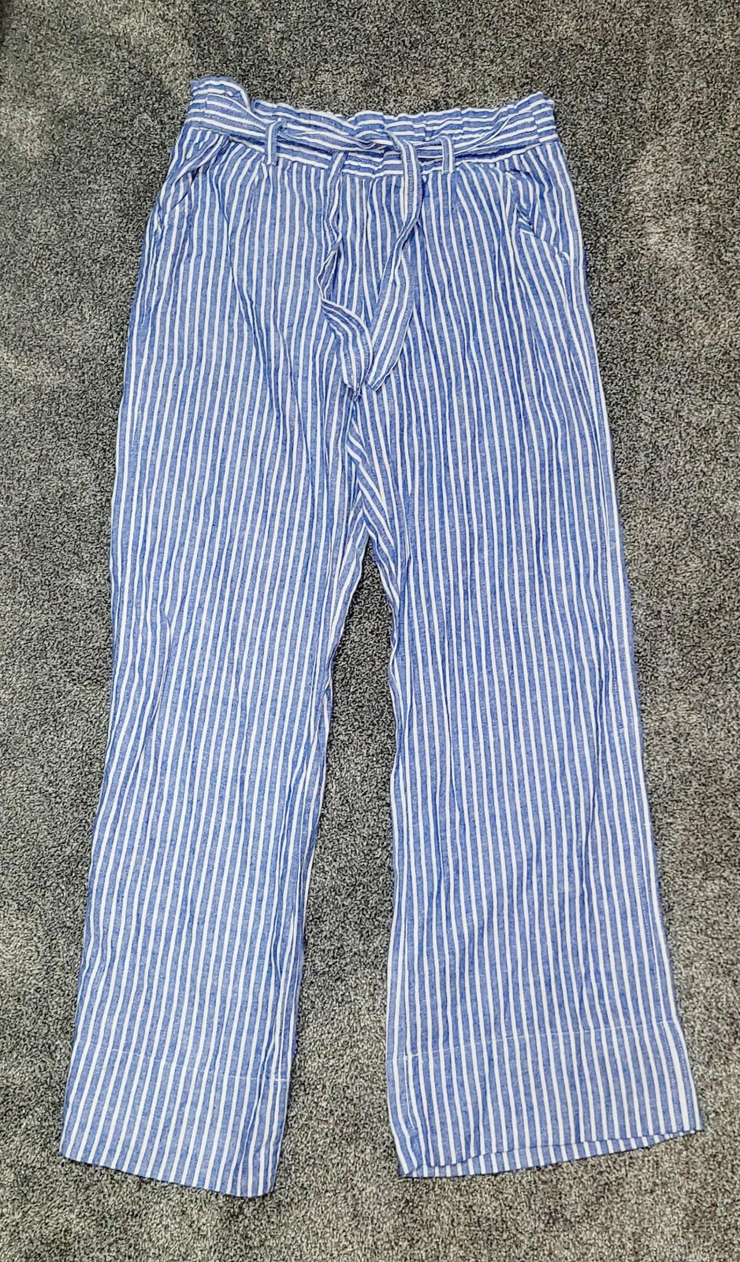 Womens Blue and White Linen/Rayon Pants with Elastic Waist and Tie. Size Large