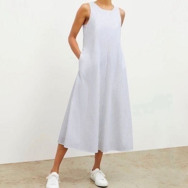 MM LaFleur The Fatima Dress Poplin Pin Stripe Blue Midi Dress Sz S Sleeveless