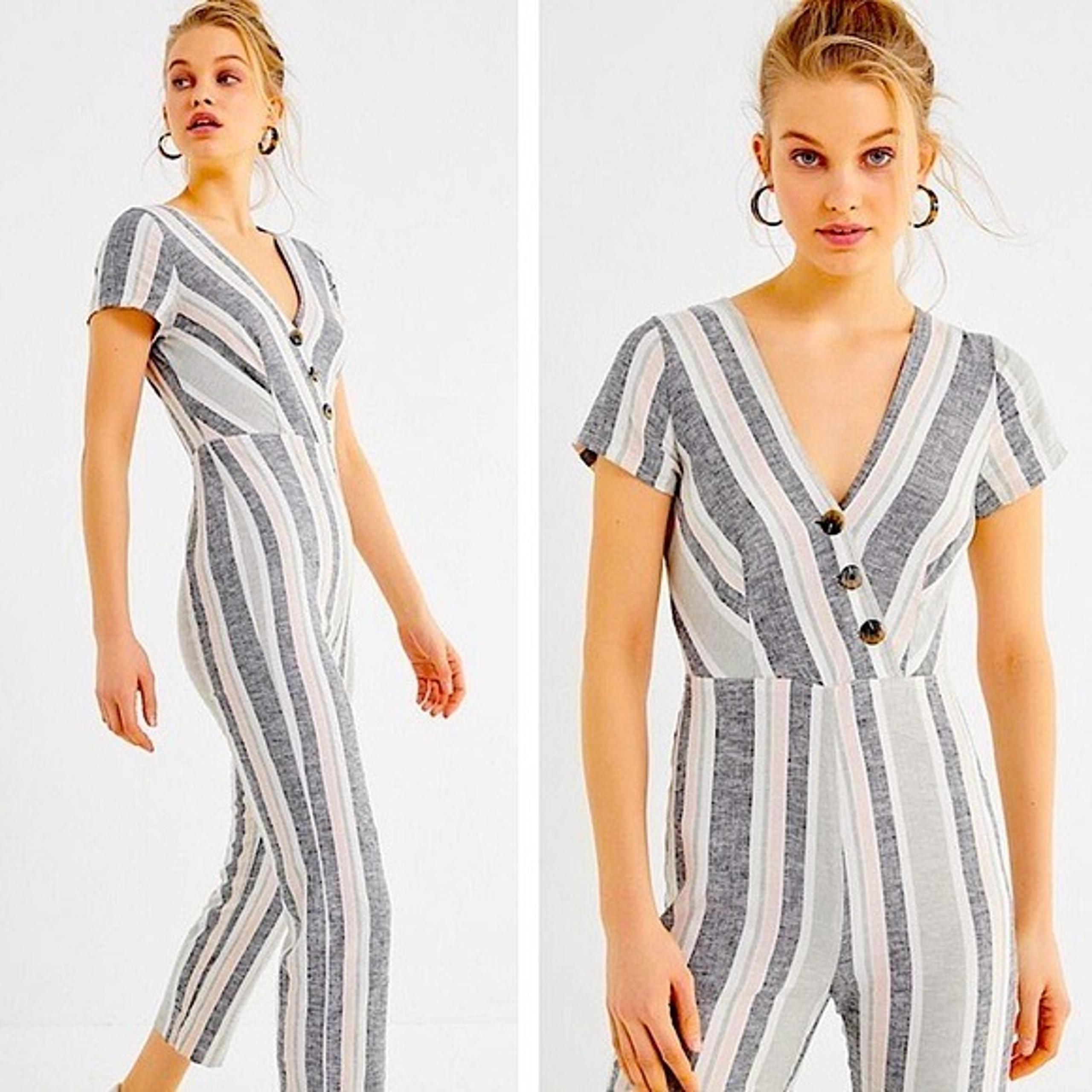 Urban Outfitters Linen striped surplice button Jumpsuit womens size S
