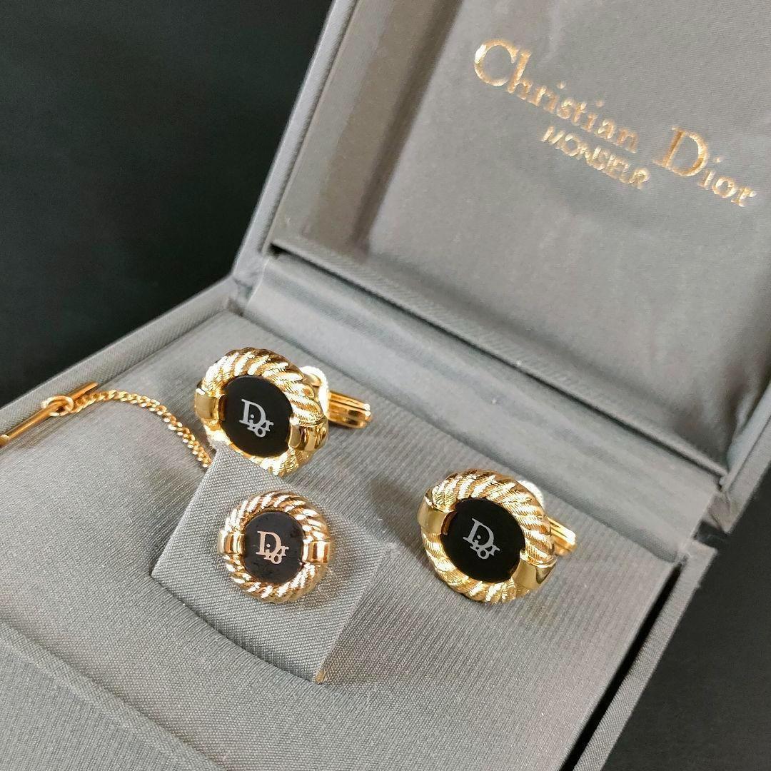 【Excellent Condition】Dior Cufflinks and Tie Pin Set - Black and Gold Logo