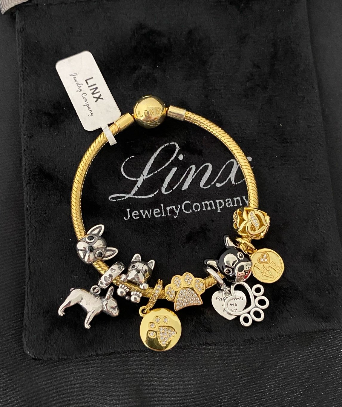 Linx Gold Snake Chain Bracelet with French Bulldog Frenchie Themed Charms