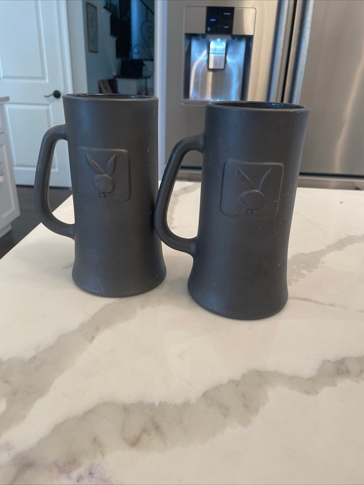 Vintage “PLAYBOY CLUB” Black Glass Beer Stein Mug W/Bunny Logo Set of 2