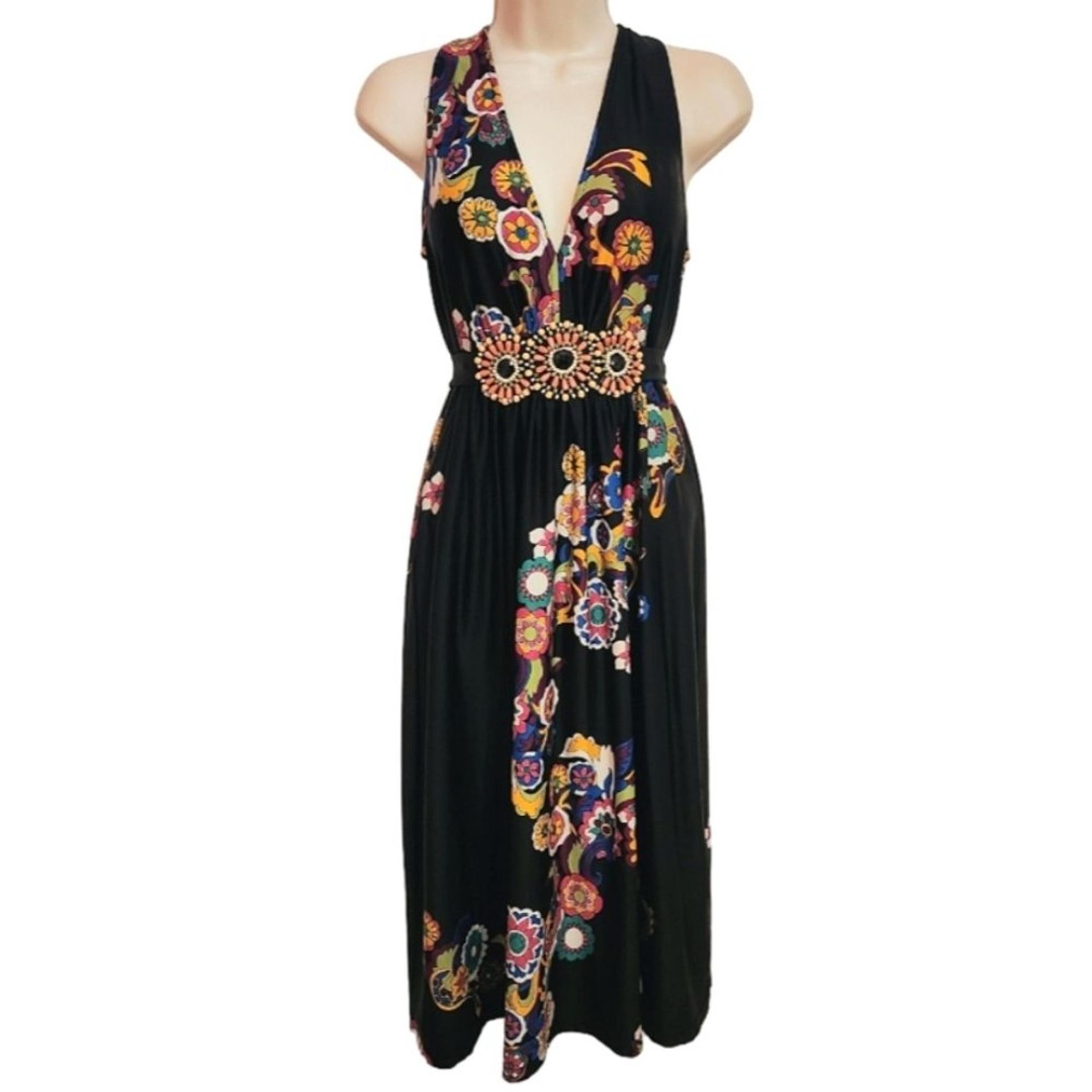 ECI New York Bright Floral Beaded Deep V Cinch Waist Midi Dress Black Multi 10
