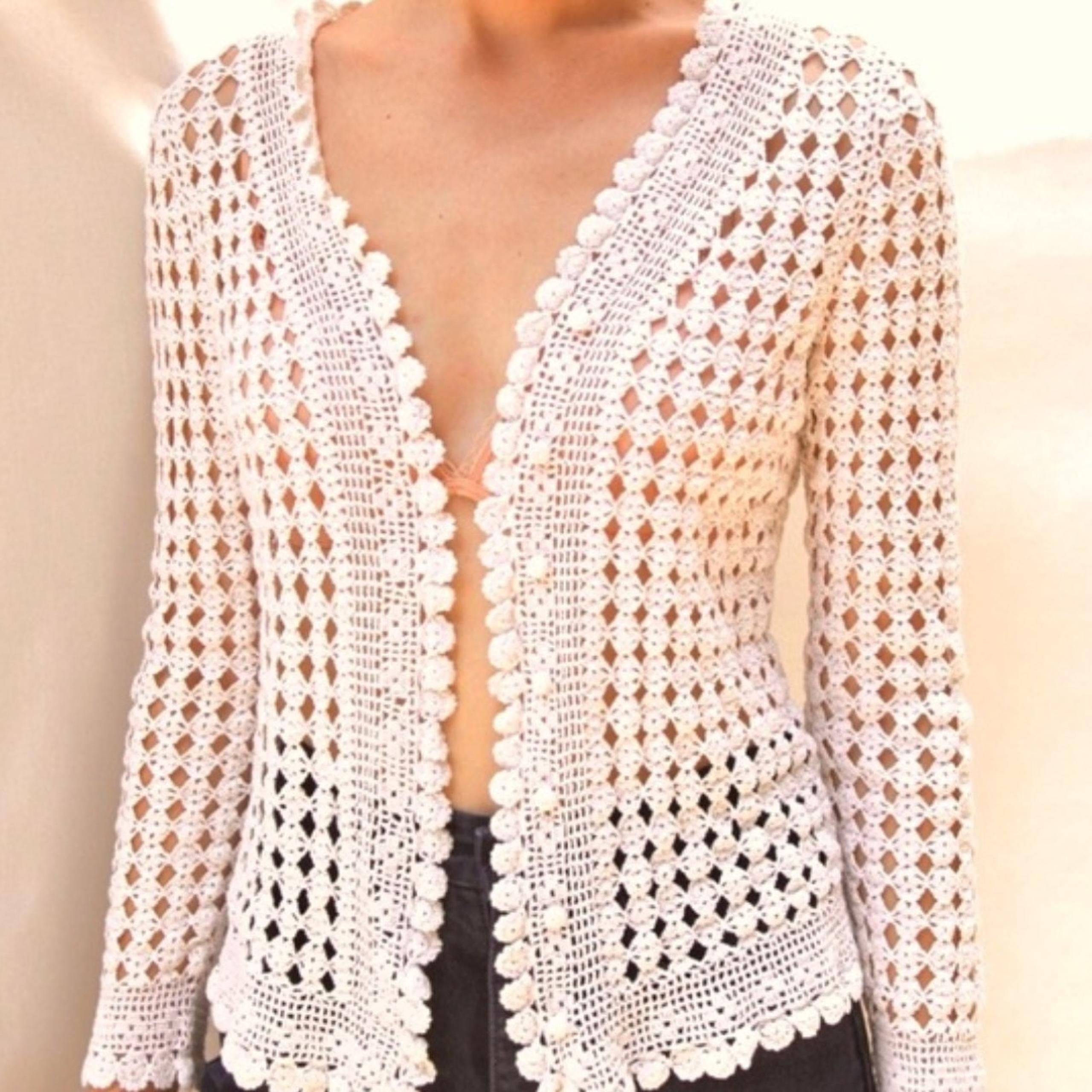 Lauren Ralph Lauren Exclusive Hand Knit Cardigan M/L Sweater Ivory Crochet