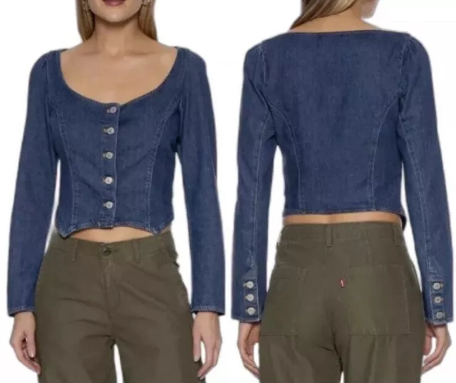 Levis Weston Denim Long Sleeves Corset Blouse Cropped Slim Fit Dark Blue S NWT