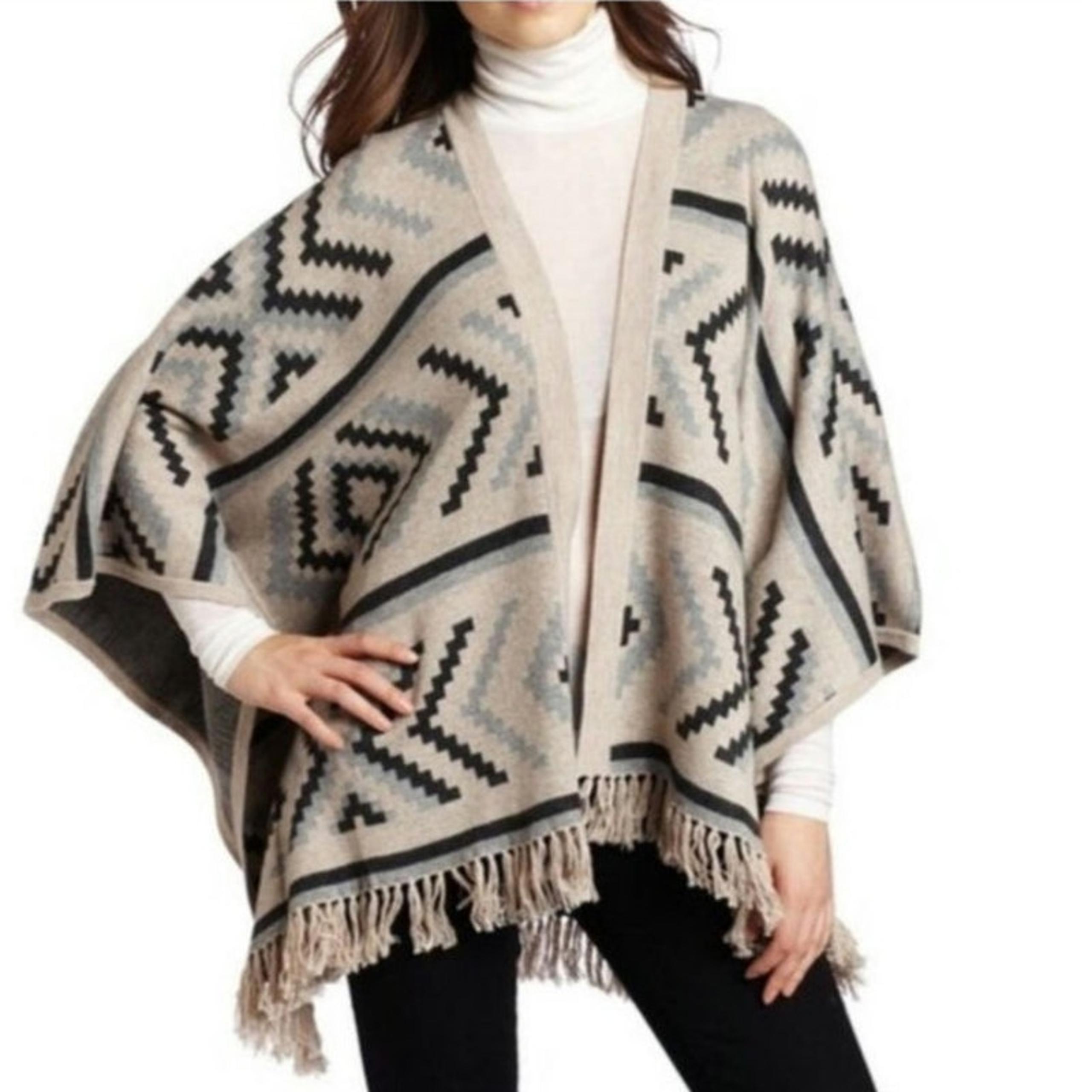 Anthro Left On Houston Aztec Western Wool Blend Oversized Fringe Poncho XS/S