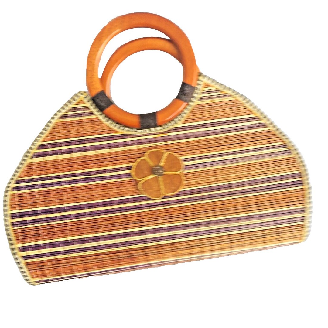 Natural Mix Fiber Handbag Artisan Purse Wooden Handles Flower Vtg Beige Purple