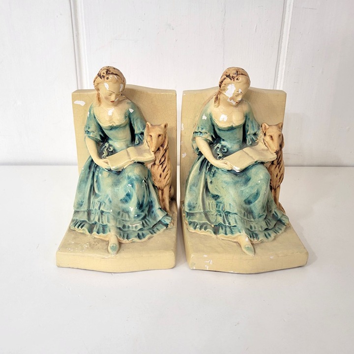 1930s Colonial Revival Chalkware Bookends Woman and Dog