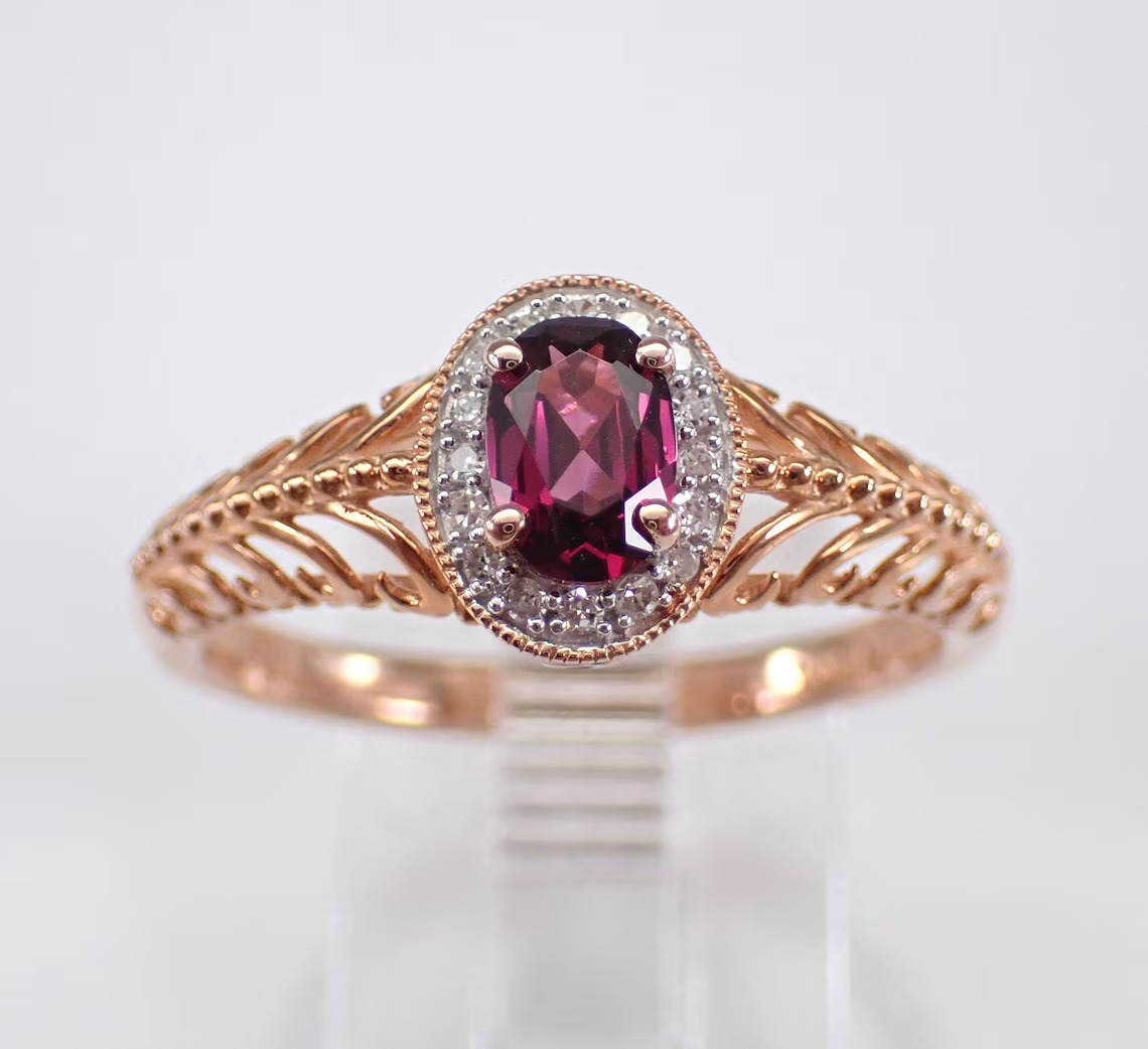 Dainty Rhodolite Garnet Ring, Rose Gold Diamond Halo Setting, January Birthstone