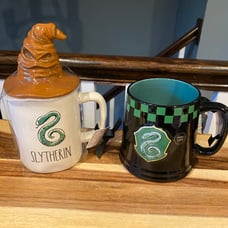 2 Rae Dunn Harry Potter SLYTHERIN mugs Hat Topper and New Wider style
