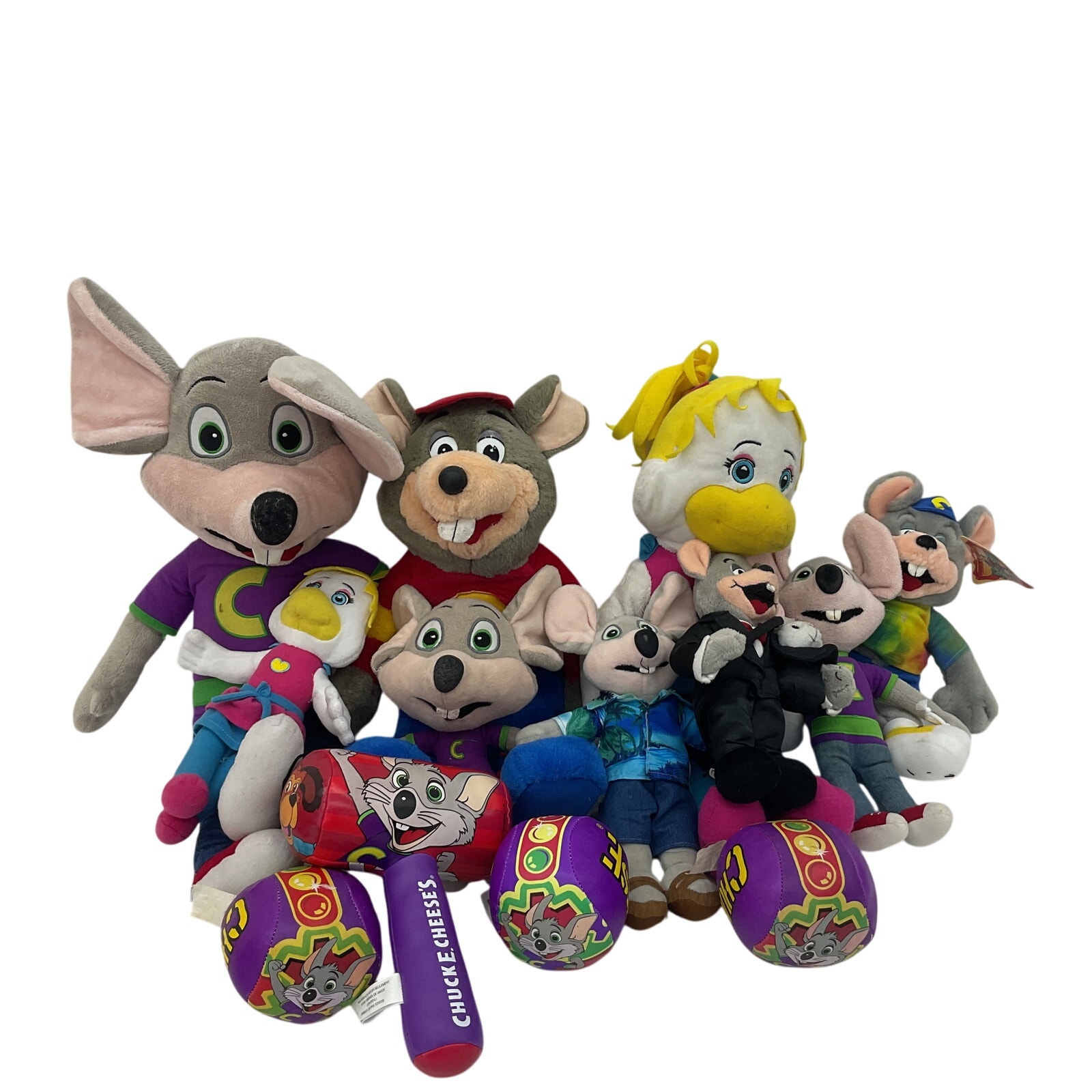 Preowned Mixed Chuck E. Cheese Stuffed Animals Prizes Hammer Ball Toys LOT 5 lbs