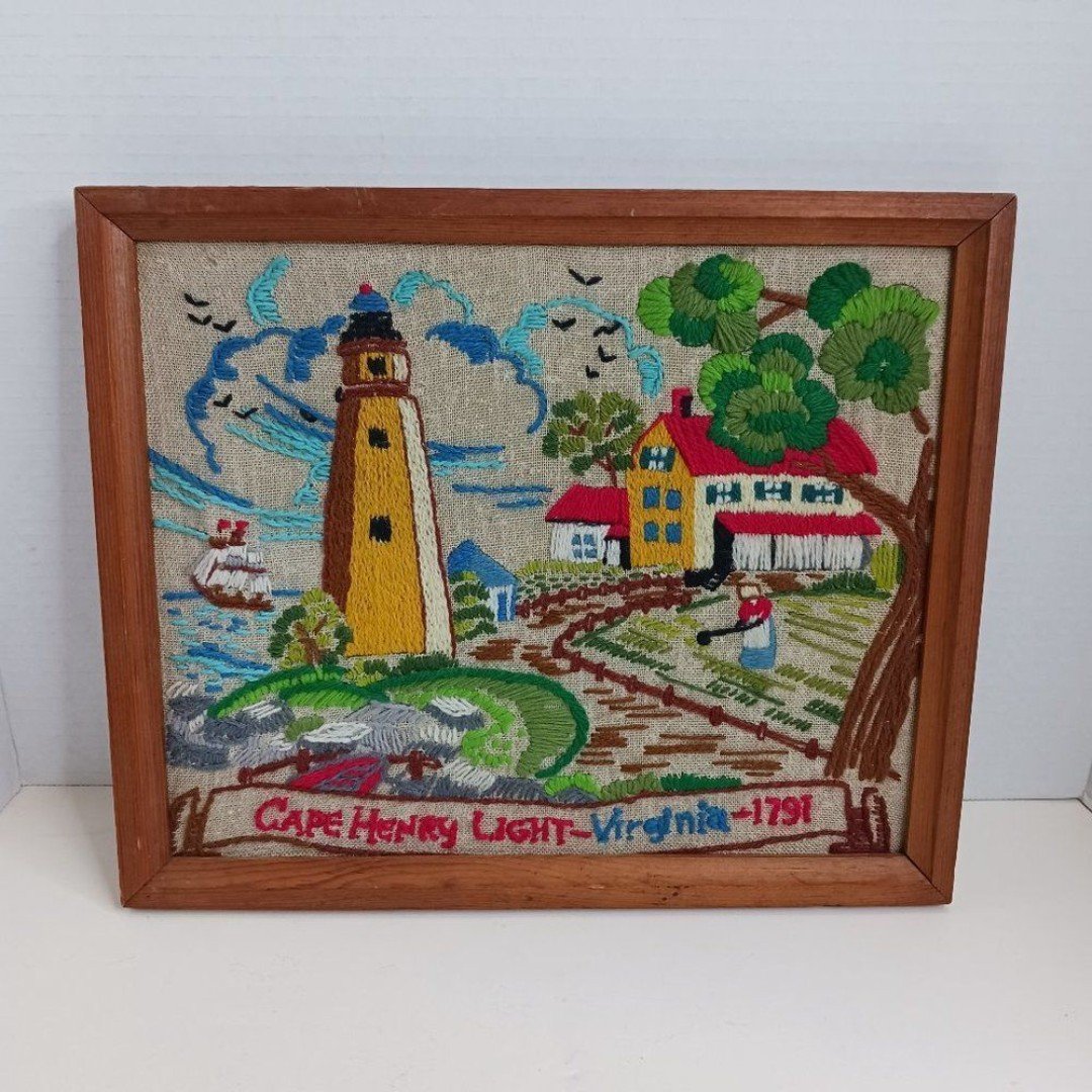 Vintage Framed Crewel Embroidery Seascape Lighthouse Farmhouse 1791