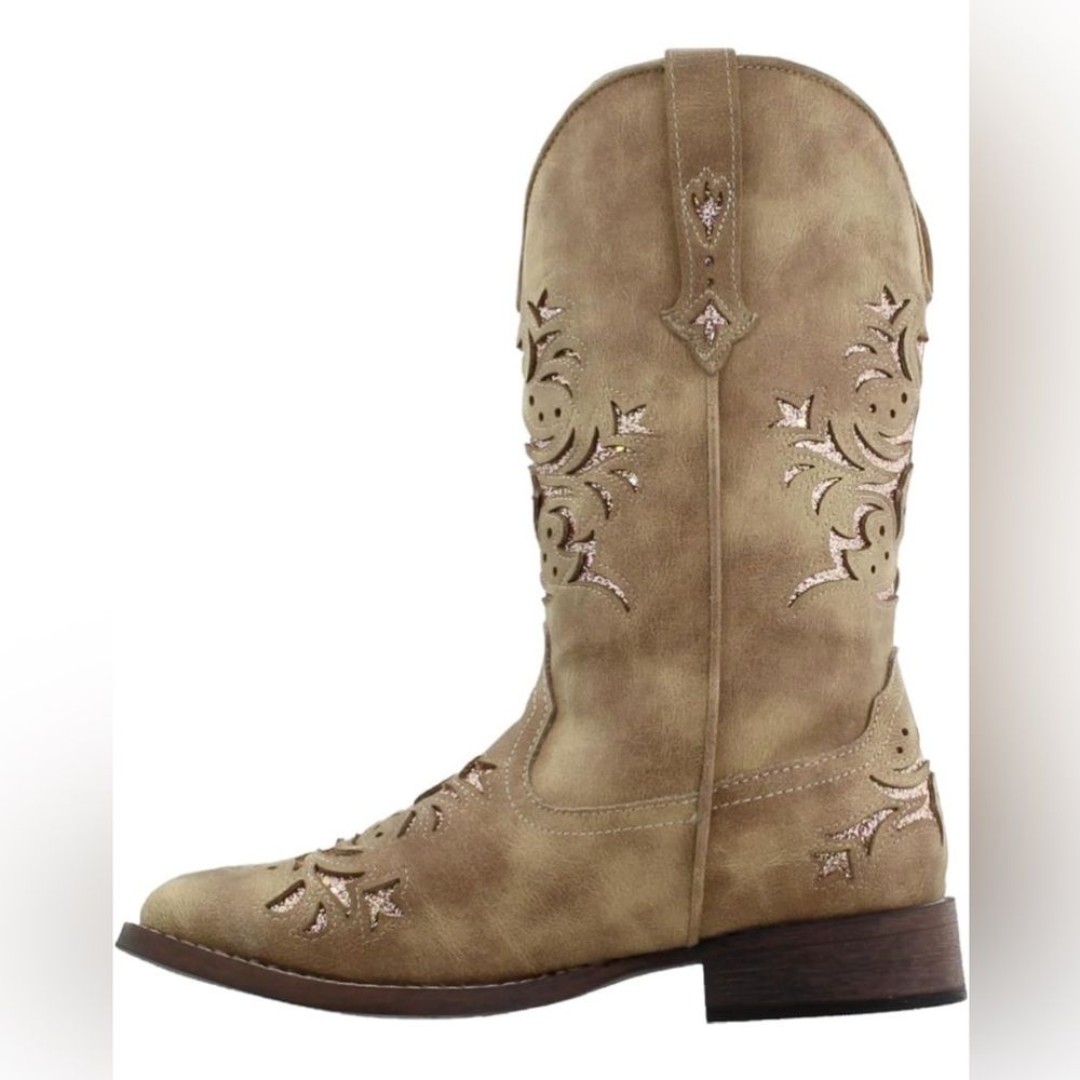 New ROPER Women's Kennedy Mid Calf Boot Tan Faux Leather Glitter Underlay Size 8