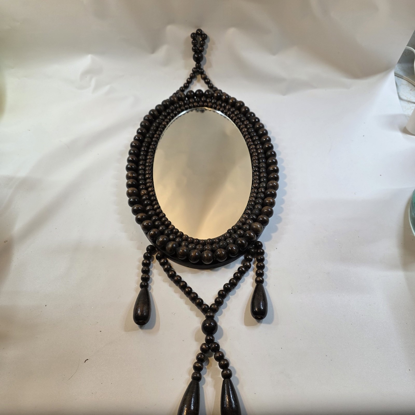 Vintage Wood Beads Tassels Framed Wall Hanging Mirror Boho Bohemian