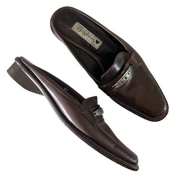Brighton Noreen Leather Mules Brown Silver Hardware Slip On Shoe Made in Italy 8
