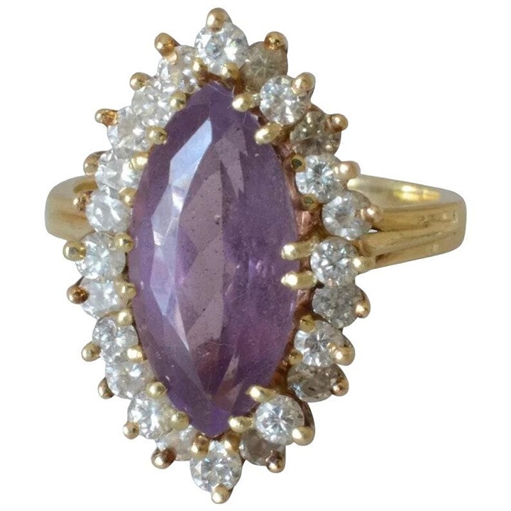 4.40Ct Natural Marquise Purple Amethyst & Diamond Halo Solitaire Ring 14k Yellow