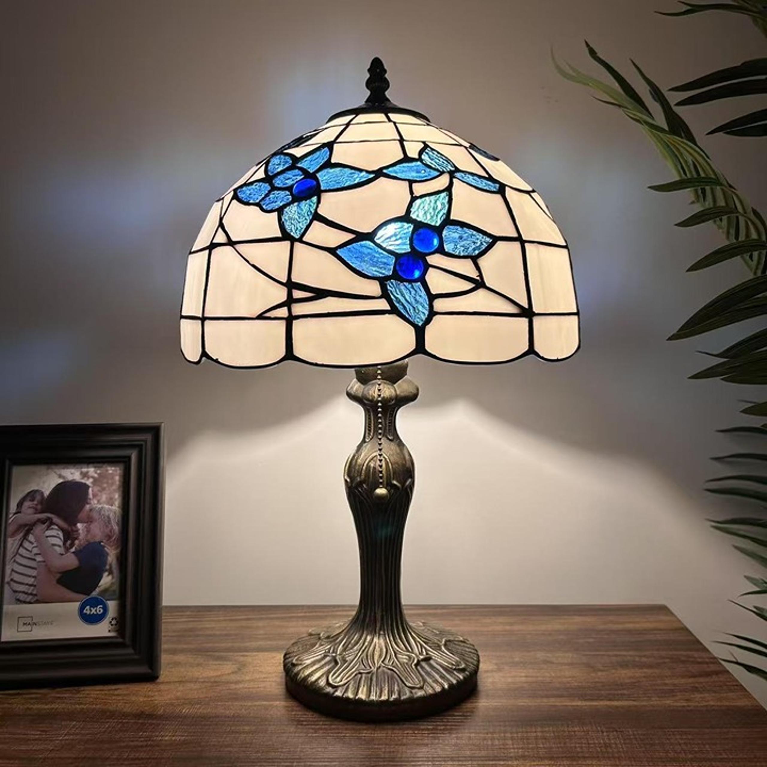 Tiffany Style Table Lamp White Stained Glass Blue Flowers LED Bulb 12"W12"D19"H