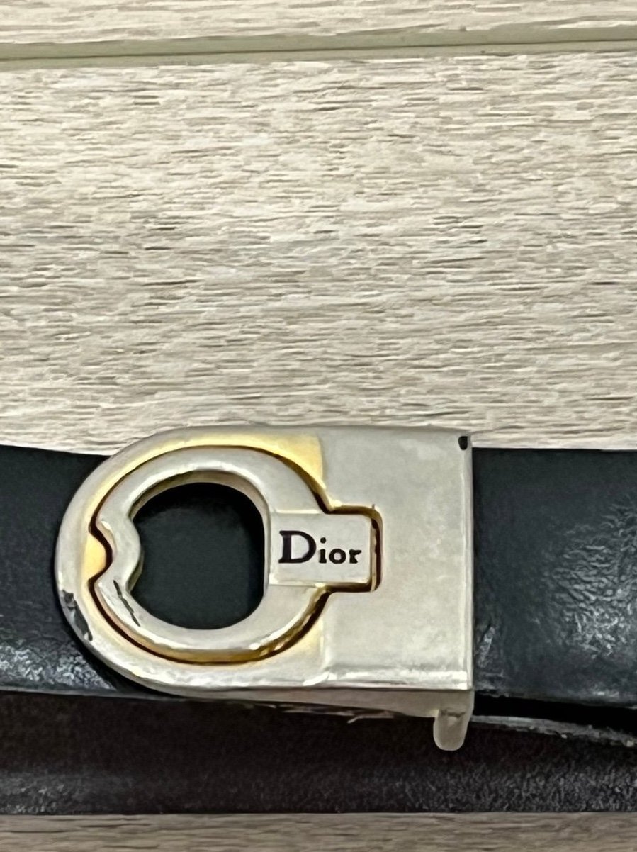 80’s Vintage Dior Gold Buckle Black Leather Belt Adjustable 37”-41”