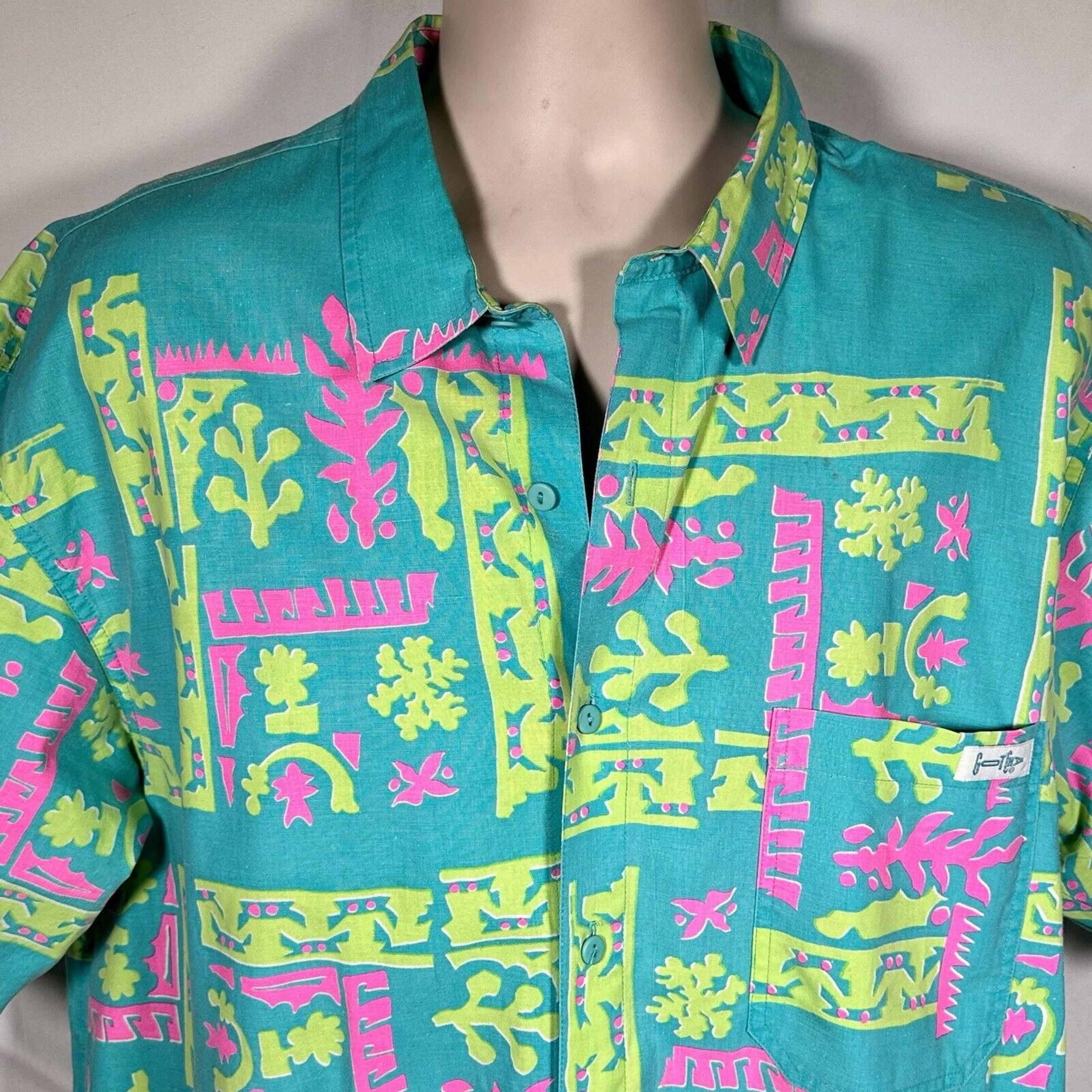 Vintage Gotcha Mens L Button Up Teal Pink Green Shirt Surf Skater 90s Retro