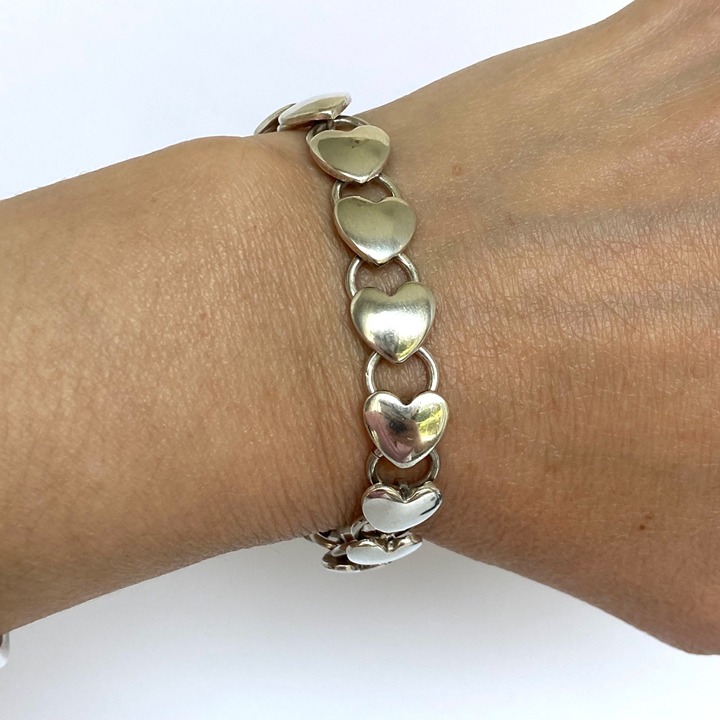 Solid Sterling Silver 925 Stacking Heart Link Toggle Clasp Bracelet Sz 6.5 20g