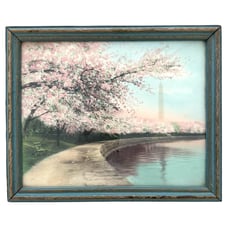 Vintage Royal H Carlock Framed Print Of Washington Monument with Cherry Blossoms