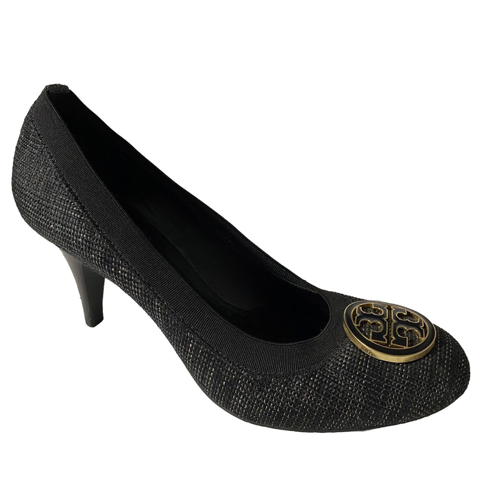 Tory Burch Pump Caroline Tweed Black Gold Round Toe Logo 9 M 3 Heel