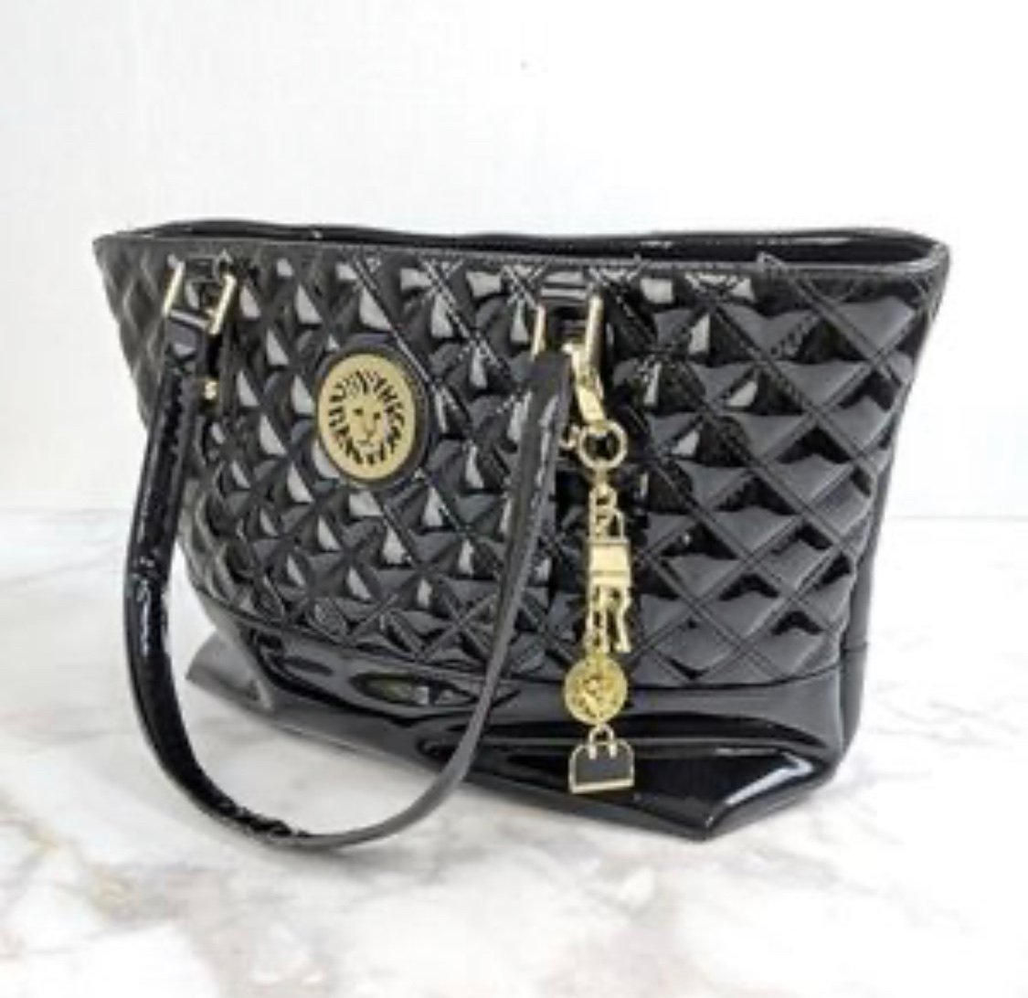 Vintage black shiny patent quilted leather diamond quilt tote bag