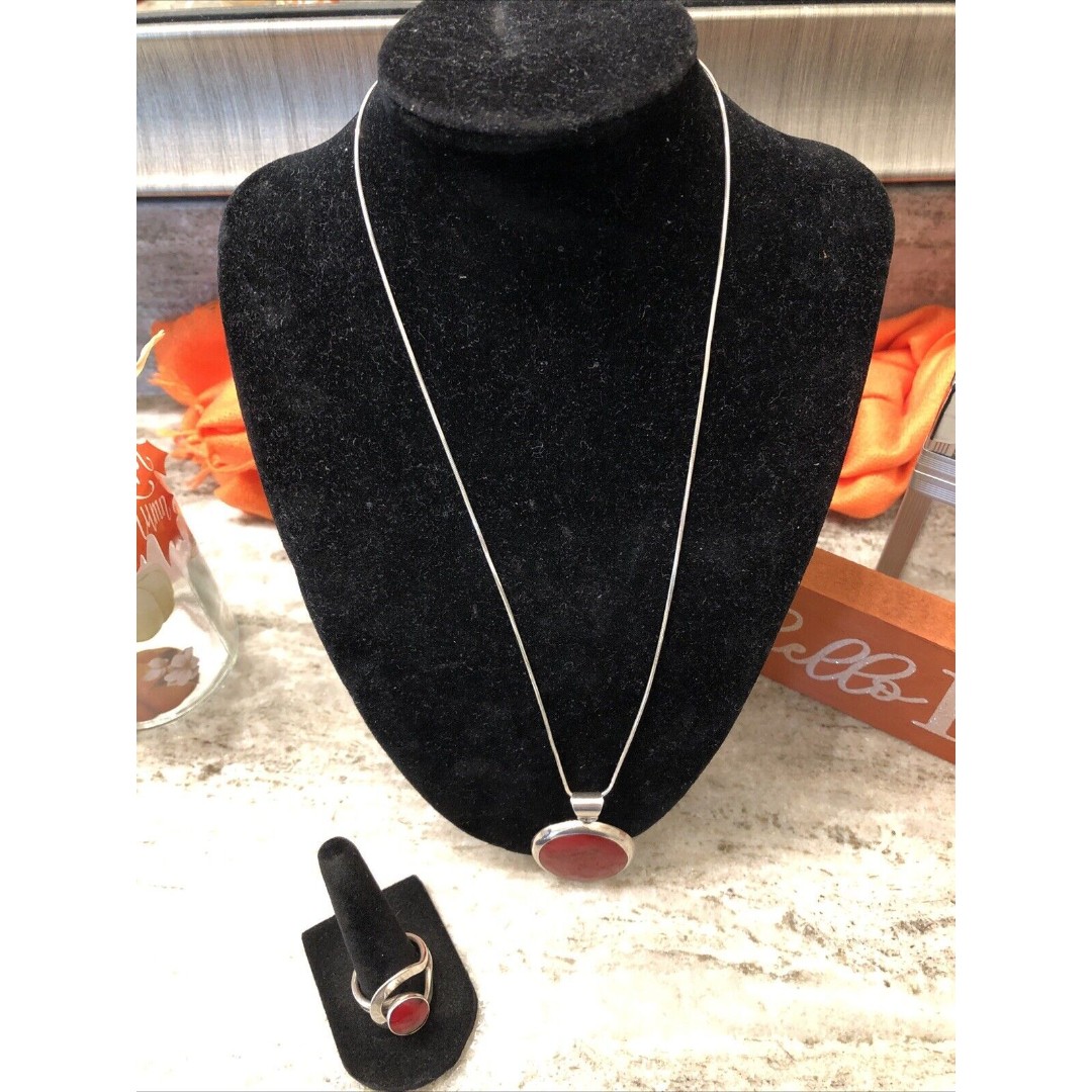 Vtg Mexico .925 Sterling Silver Oval Red Jasper Style Pendant Necklace & Ring
