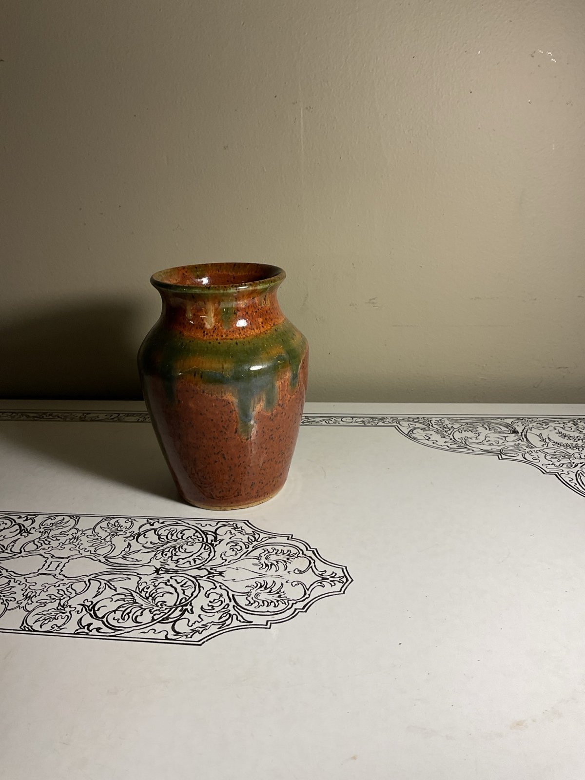 Vase Dripped Glazed Pottery Signed Green and Brown