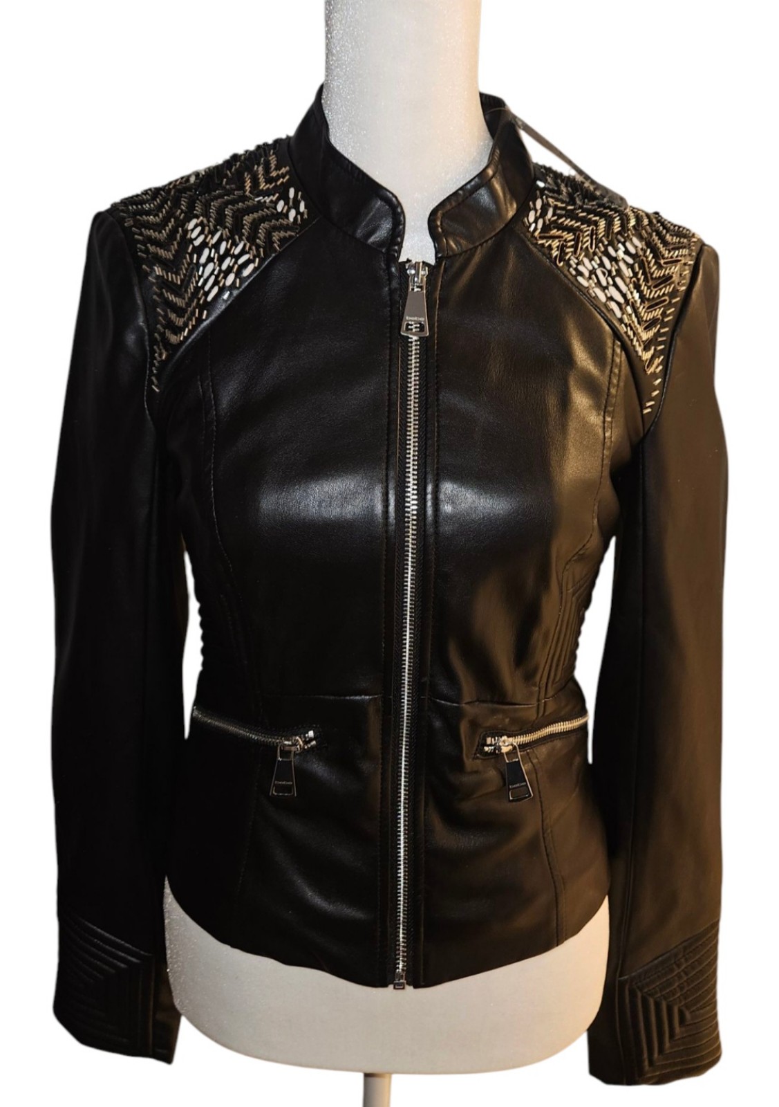 NWT BEBE 169 Embellished Faux Leather Black Moto Bomber Jacket XS