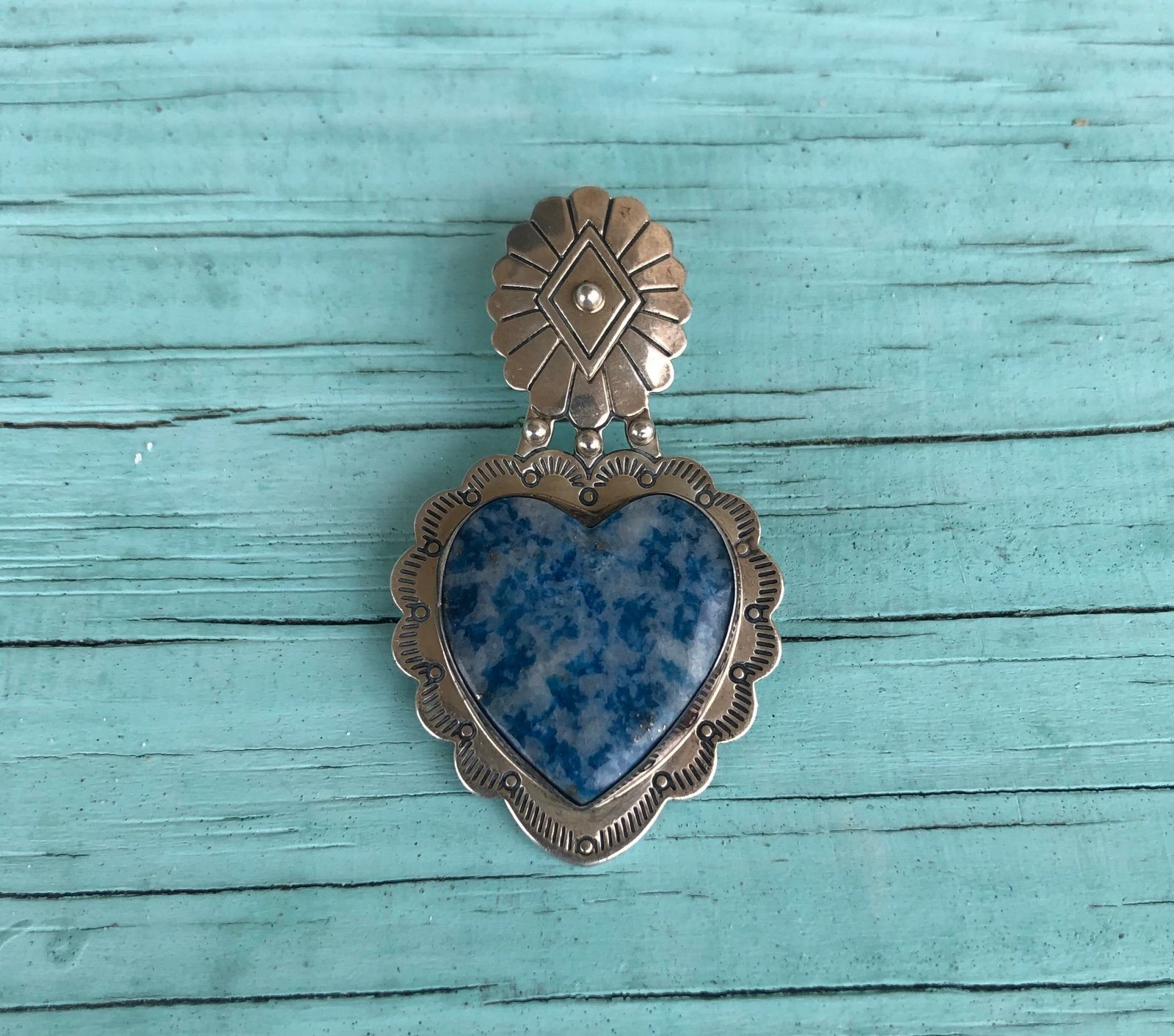 Beautiful Southwestern Sterling Silver Lapis Signed Carolyn Pollack Heart Pendan