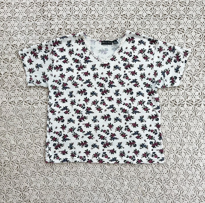Vintage 90s Waffle Knit Thermal Rose Print Short Sleeved Tee - Size Large