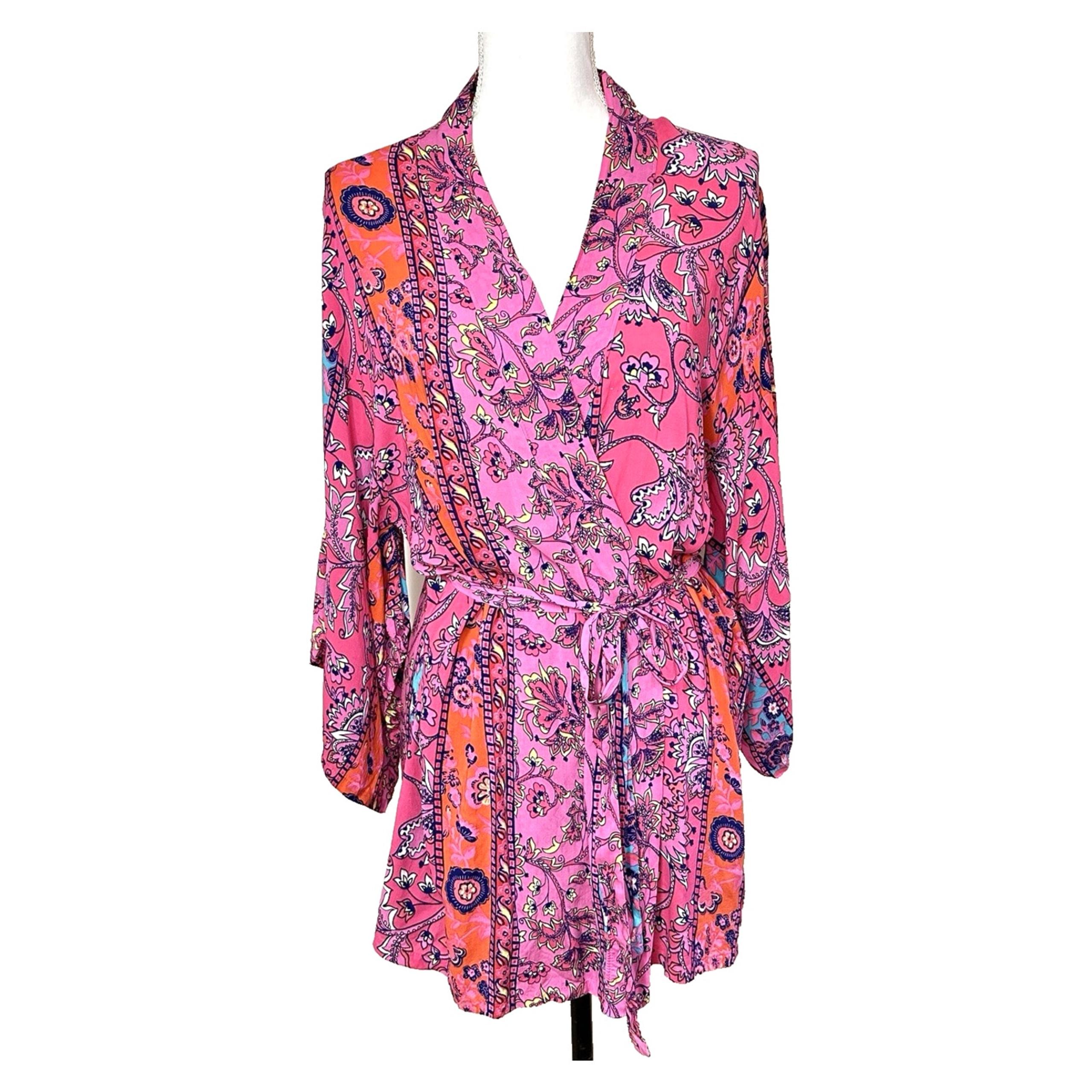 Josie NATORI Pink Multi Hollywood Boho Wrap/Robe Size M Kimono Sleeves