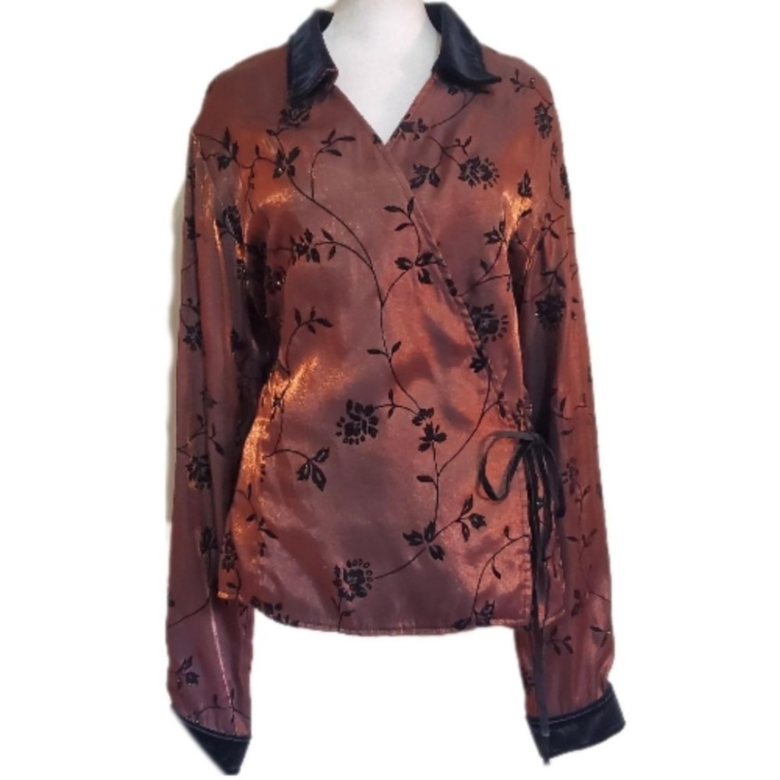 Coldwater Creek Y2k Rayon blend bronze shimmer black floral velvet wrap top XL