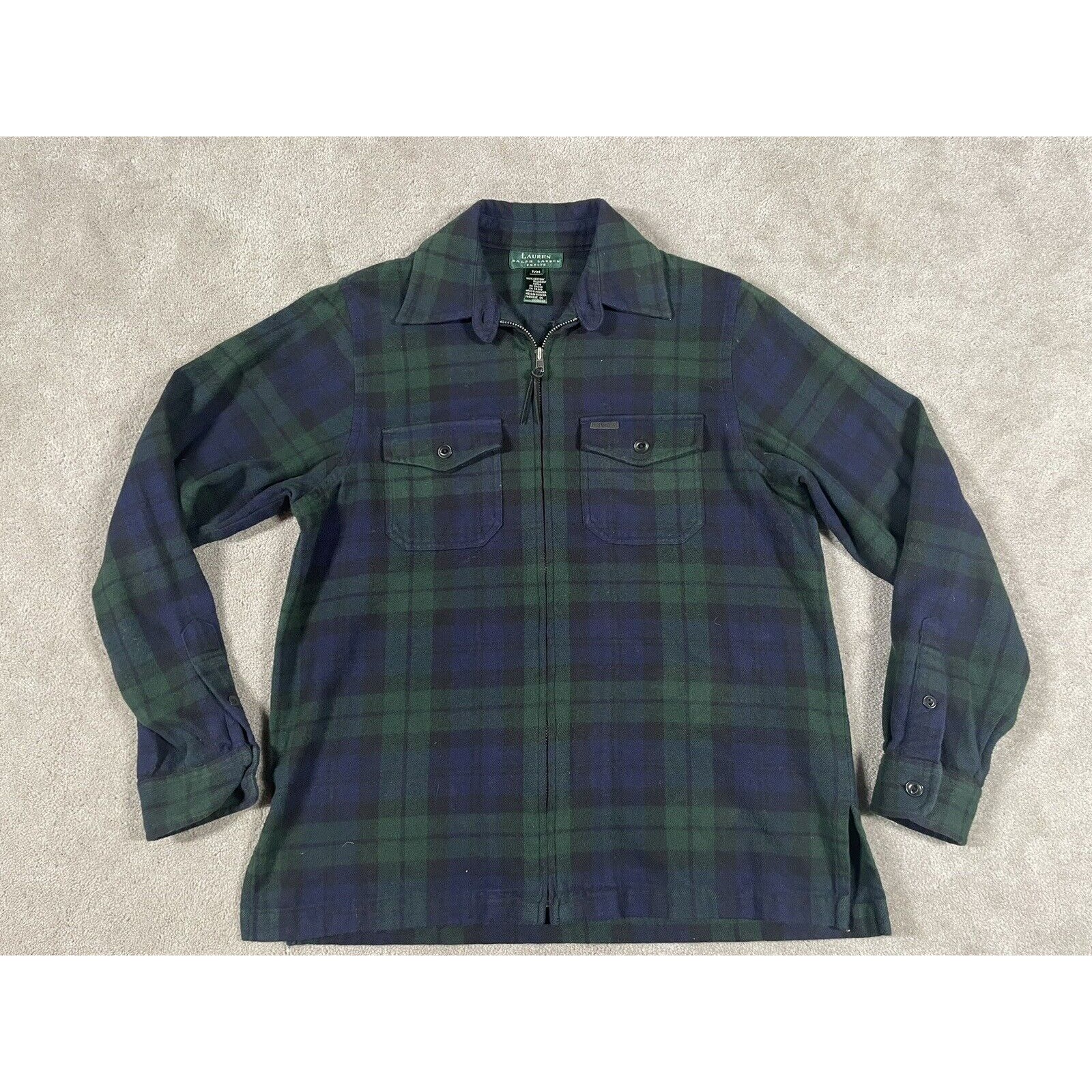 Ralph Lauren Jacket Womens P/M Petite Medium Black Watch Plaid Flannel Full Zip
