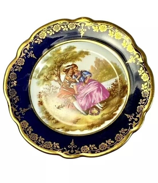 Antique Limoges France Hand Painted Porcelain Small Plate Cobalt Blue Gold Gilt