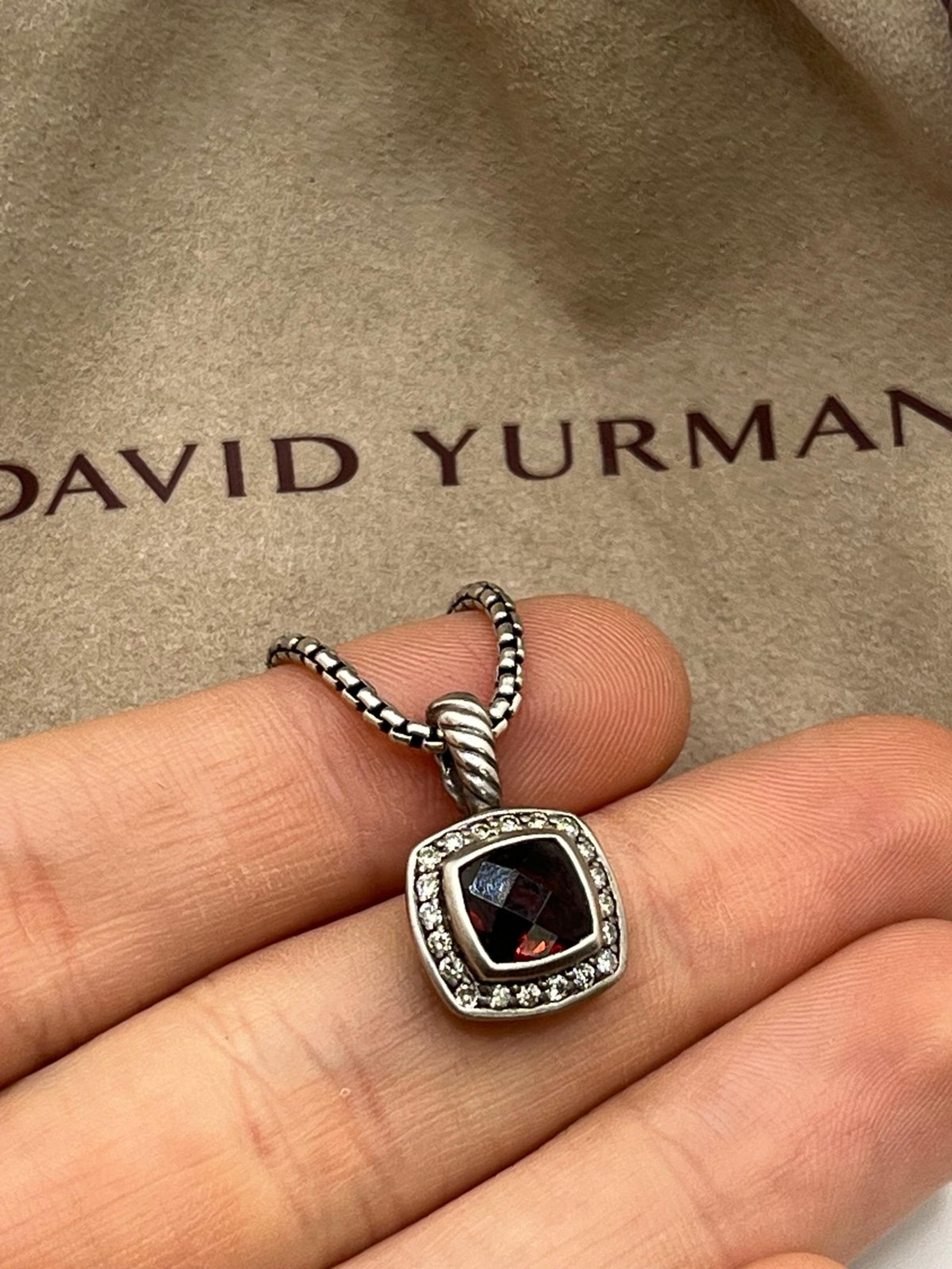 David Yurman Sterling Silver Garnet Diamond Pendant Chain Necklace